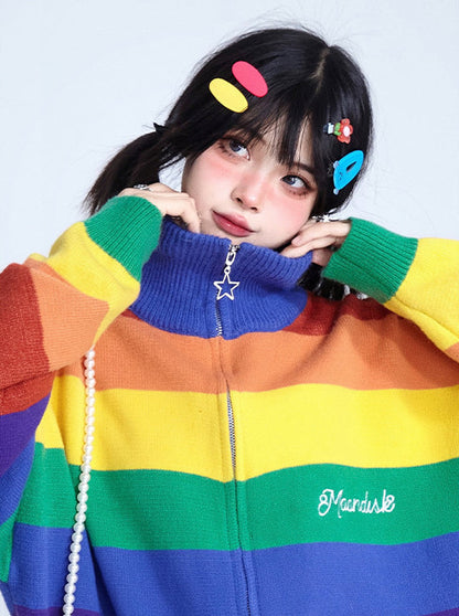 Rainbow Stripe Barbie Girl Knit Zip Cardigan