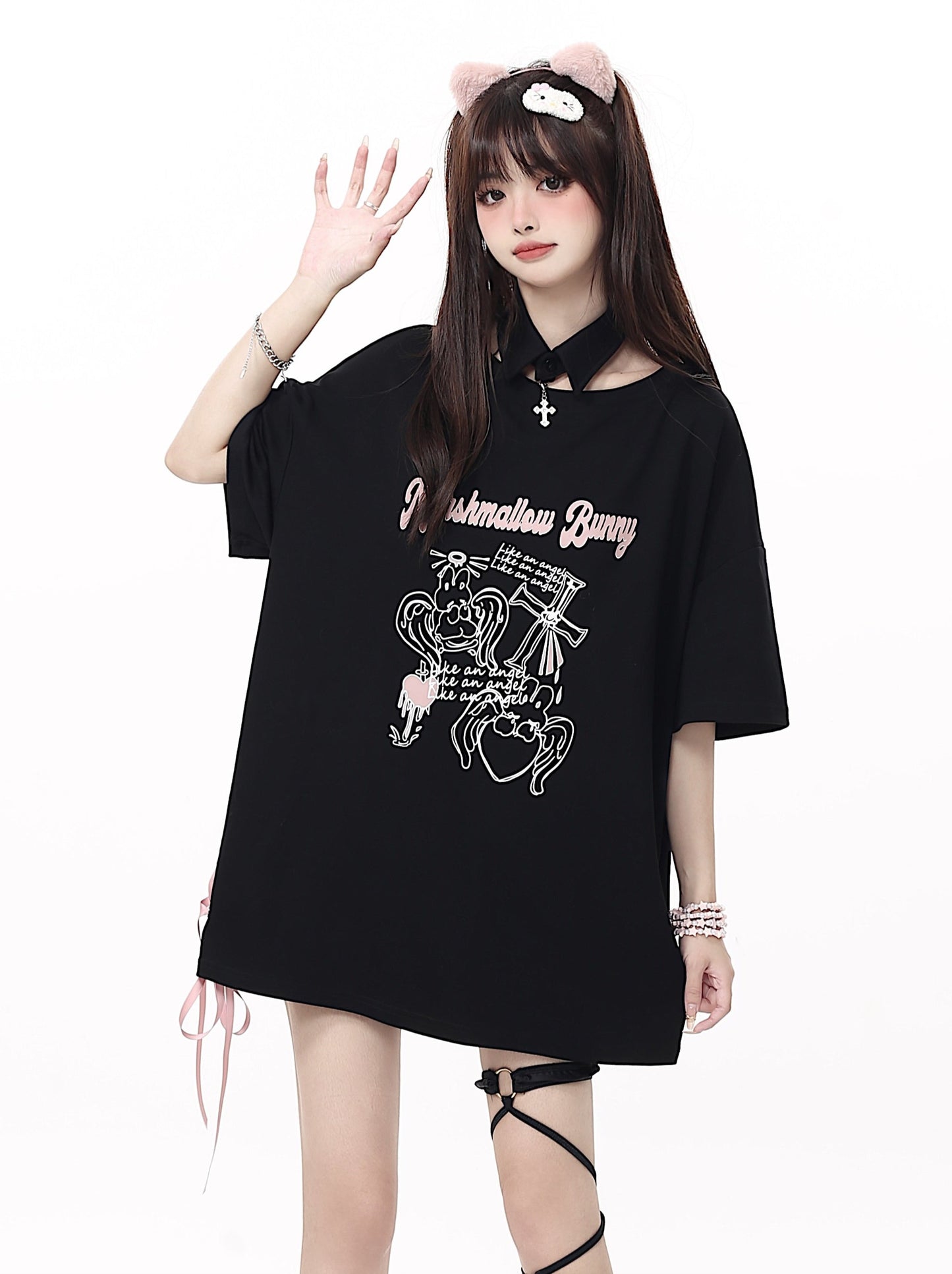 Round neck lace-up print loose T-shirt with false collar