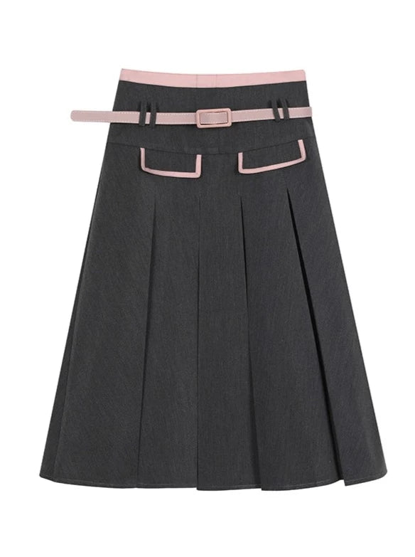 カラーブロックミディアムスカート＋ピンクベルト
