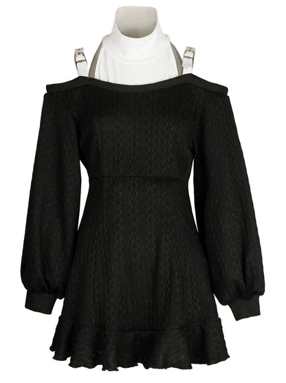 Cross Gothic Black Knitted Top Skirt + Black White Off Shoulder Dress Set Up