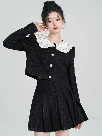 Diamond Fragrance Style Black Short Jacket + Pleated Skirt