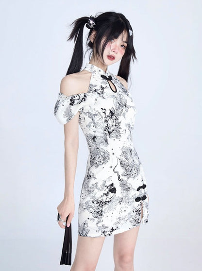 cheongsam slim fit puff sleeve dress