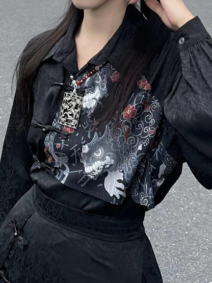 Retro Print Volume Sleeve Jacquard China Buckle Shirt