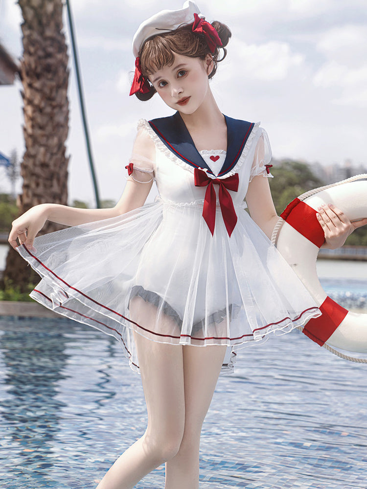 Sailor Sailor Sheer Sleeve and Skirt One-Piece Swimsuit with Bunny Ears