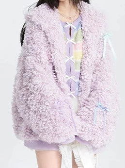 Light purple loose hooded zipped lambswool coat