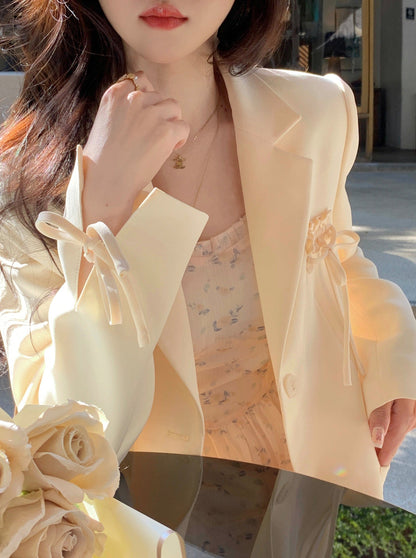 One Point Ribbon Milk Yellow Suit Jacket