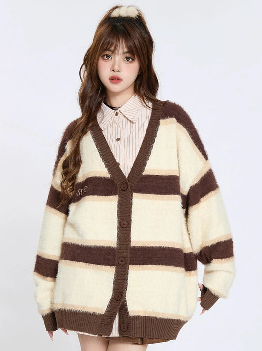 ENJOG American vintage striped contrast cardigan sweater women's new baggy languid knit jacket for early fall