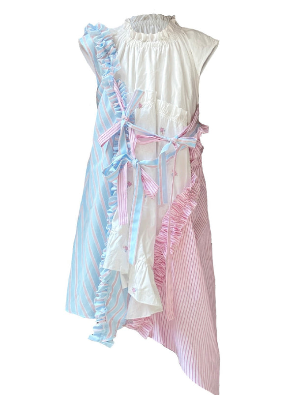 Striped Frill French Sleeve Asymmetric Romantic Ribbon Dress