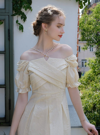 Rose White Tower French Pearl Chain Pleated Retro Princess Dress