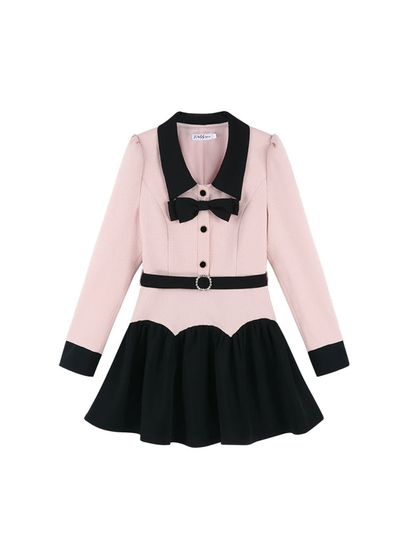 French Pink Babydoll Collar Faux Two Piece College Dress