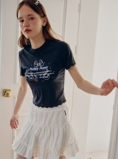 Lace stitch ballet print T -shirt