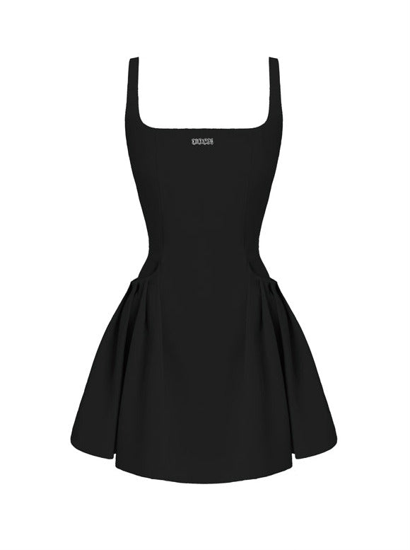 Hot Girl Black &amp; Gray Square Neck French High-end Suspender Dress
