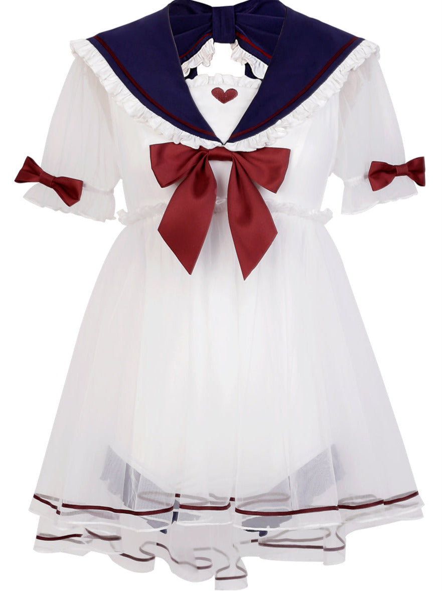 Sailor Sailor Sheer Sleeve and Skirt One-Piece Swimsuit with Bunny Ears