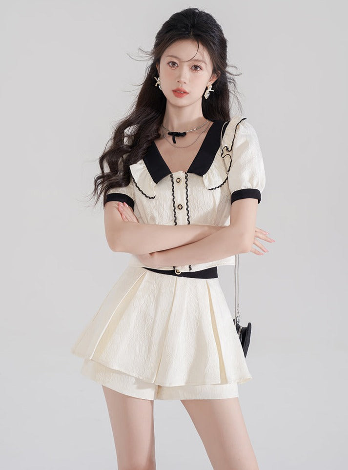 High -end doll color shirt apricot high waist setup