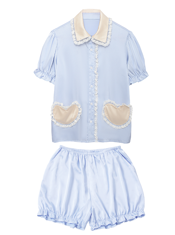 フレンチアイスシルクパジャマレディースサマーレースパフスリーブキュートガールルームウェア