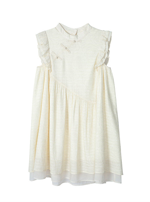 China Stand Color Frill Shoulder Rose Dress