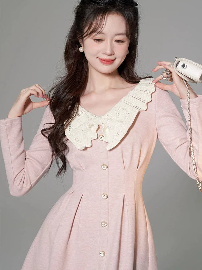 White Ribbon V-Neck Pink High-End Slim Waist Dress