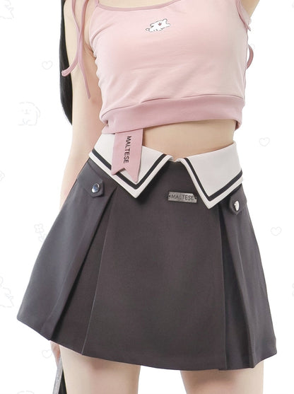 Line Flange Collar Waist Box Pleated Skirt