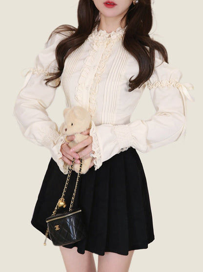 Race Stand Color Puff Ribbon Shoulder Sweet Ruffle Blouse [Long Sleeve Short Sleeve]
