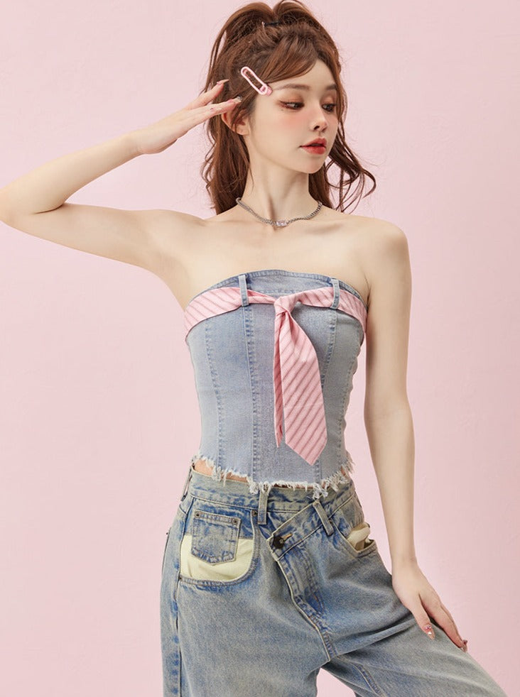 Wash denim tube top with tie