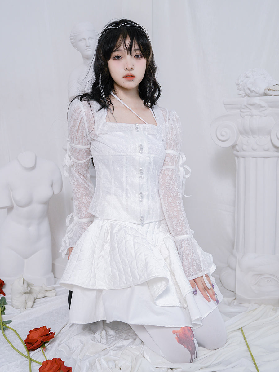 Palace Bubble Princess Sleeve Flower Lace Pearl Sea through Tops