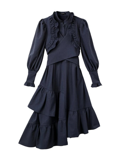 Ruffled Half High Collar Asymmetrical Pleated Shirt Dress