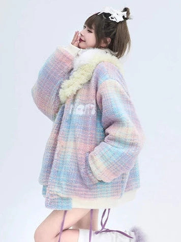 Niche Design Colorful Splicing Loose Lamb Wool Cotton Coat