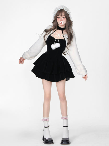 Snow Fur Short Jacket + Black Halter Neck Tiered Dress