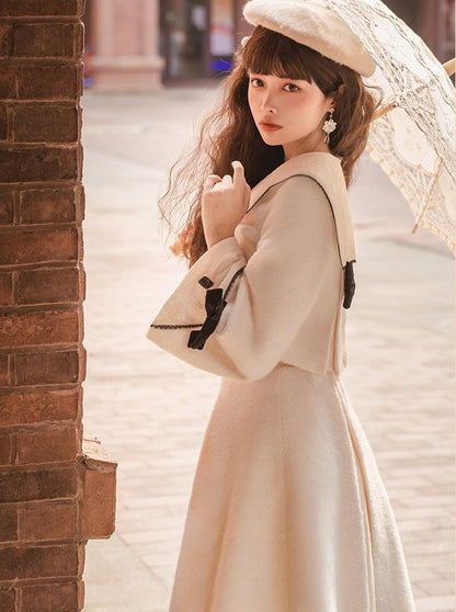 Square button sailor collar jacket + skirt with ribbon