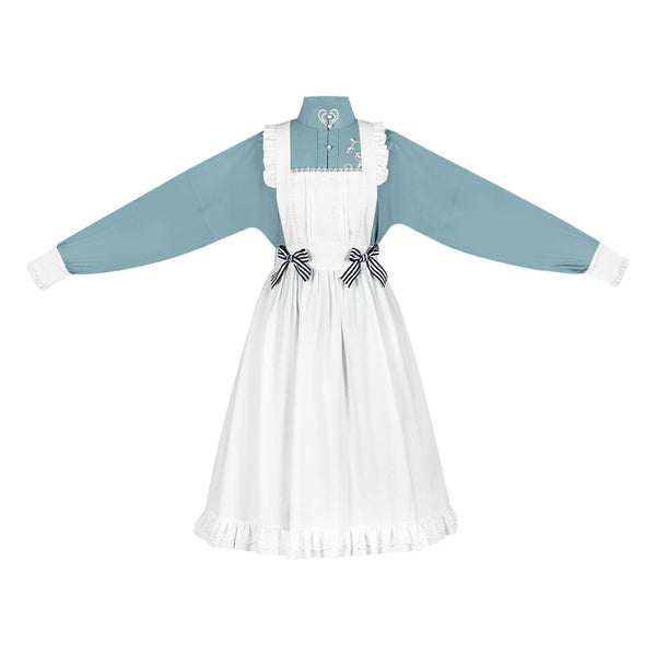 Stand Collar Double Breasted Gown Lace Apron Over Skirt Setup