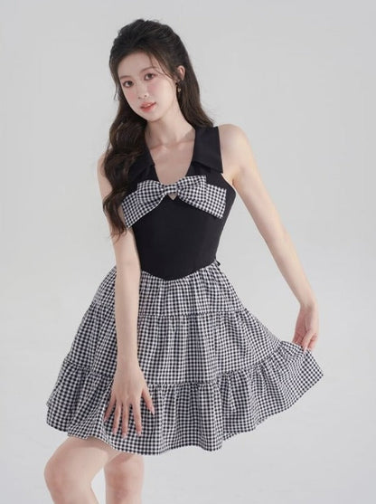 French Retro Check Ribbon One Piece