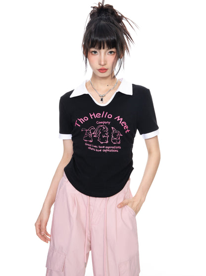 VネックポロフロントショルダーTシャツ