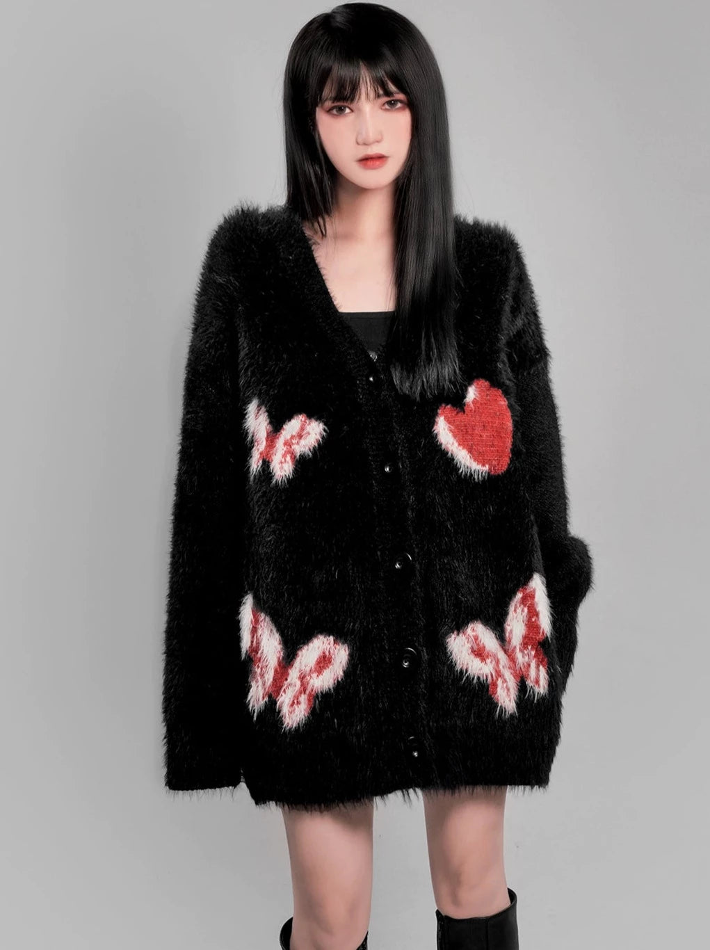 Butterfly V-Neck Fur Knit Cardigan