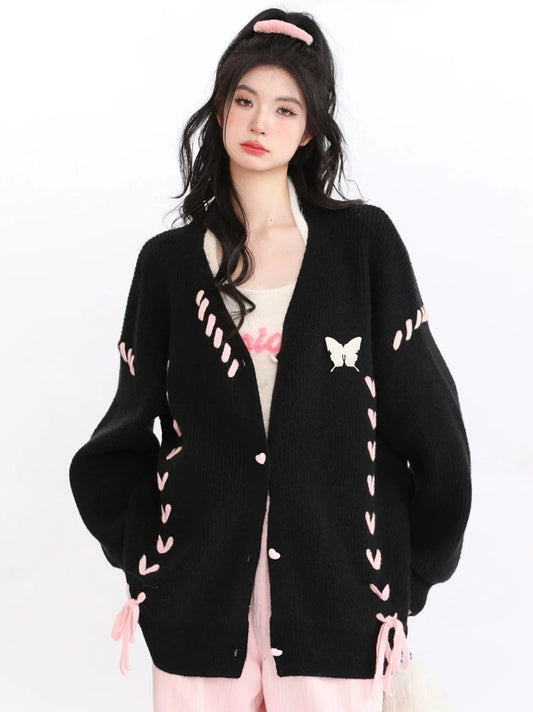 AONW Fall/Winter new lazy style niche versatile design sense butterfly tie love cardigan sweater jacket women