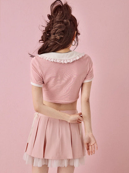 Layered mesh lace press pleated pink A line skirt