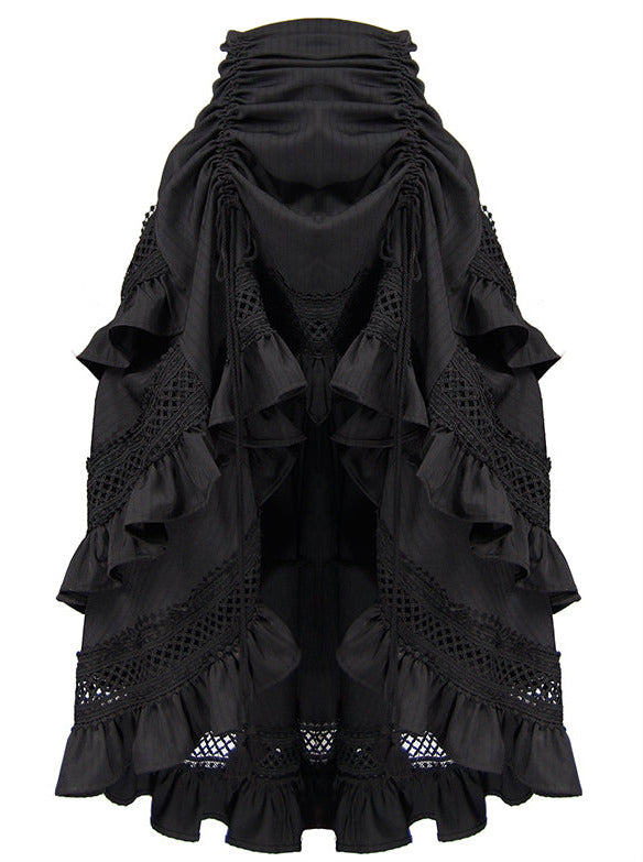 Steampunk Black Drawstring Tiered Retro Edge Long Skirt