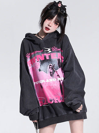 Oversized Retro Wash Print Hoodie