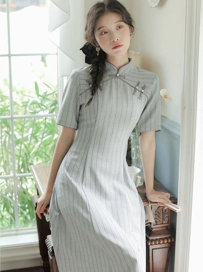 striped cheongsam dress