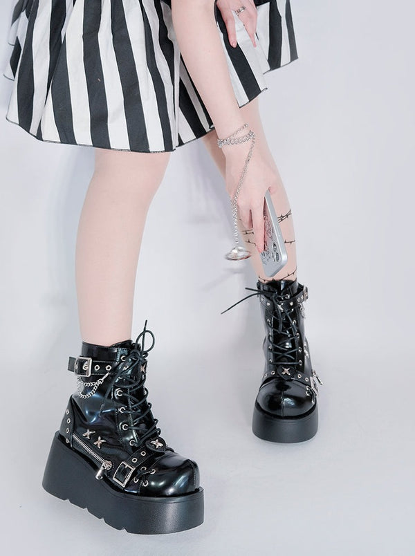 Punk Round Toe Platform Star Chain Design Boots