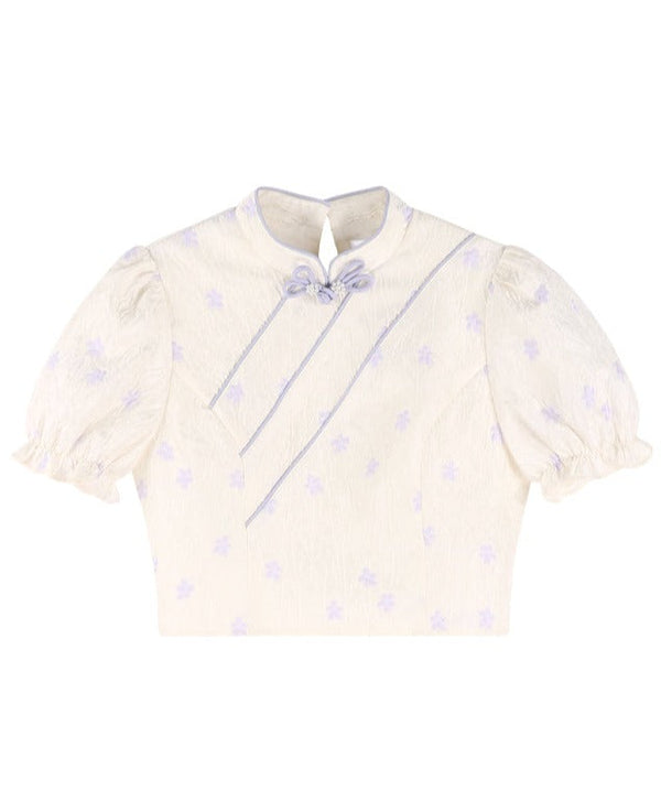 チャイナパフスリーブリトルフラワージャカードトップ＋パールリボンティアードスカートセットアップ