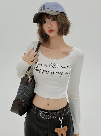 American Logo Lace Neck Slim Short Top