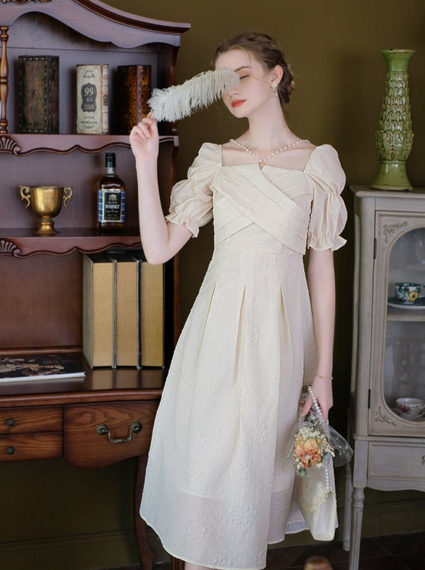 ローズホワイトタワーフレンチパールチェーンプリーツレトロプリンセスドレス