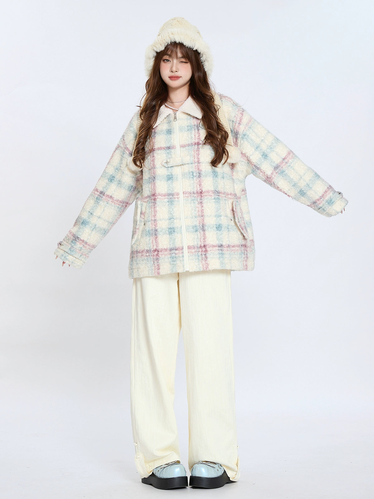 Retro Colorful Check Lapel Lamb Velvet Cotton Coat