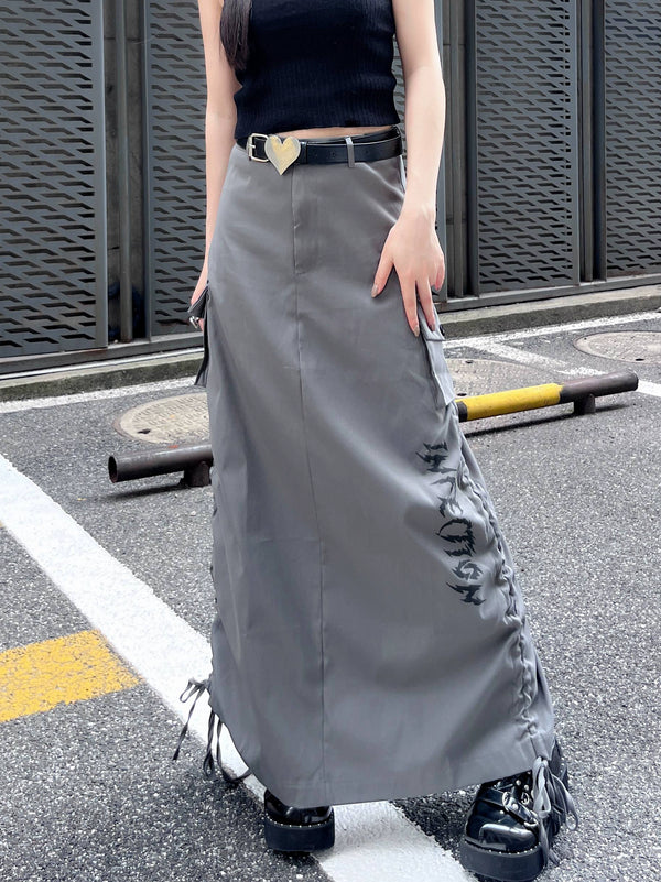American Retro High Waist Drawstring Drawstring Slit Long Skirt