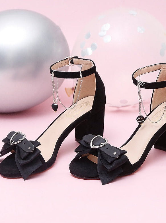 Dark Black Peach Heart Ribbon Shoes