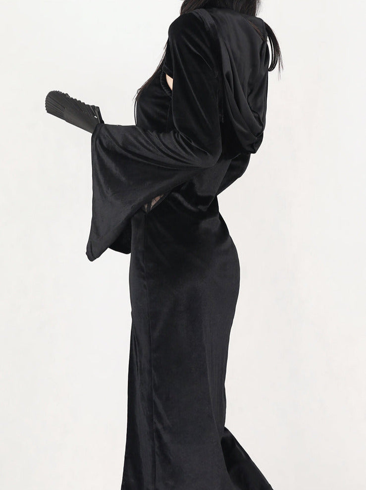 Black Witch Coordination Setup [Bell Sleeve Hoody Jacket + Spider Suspension Dress]