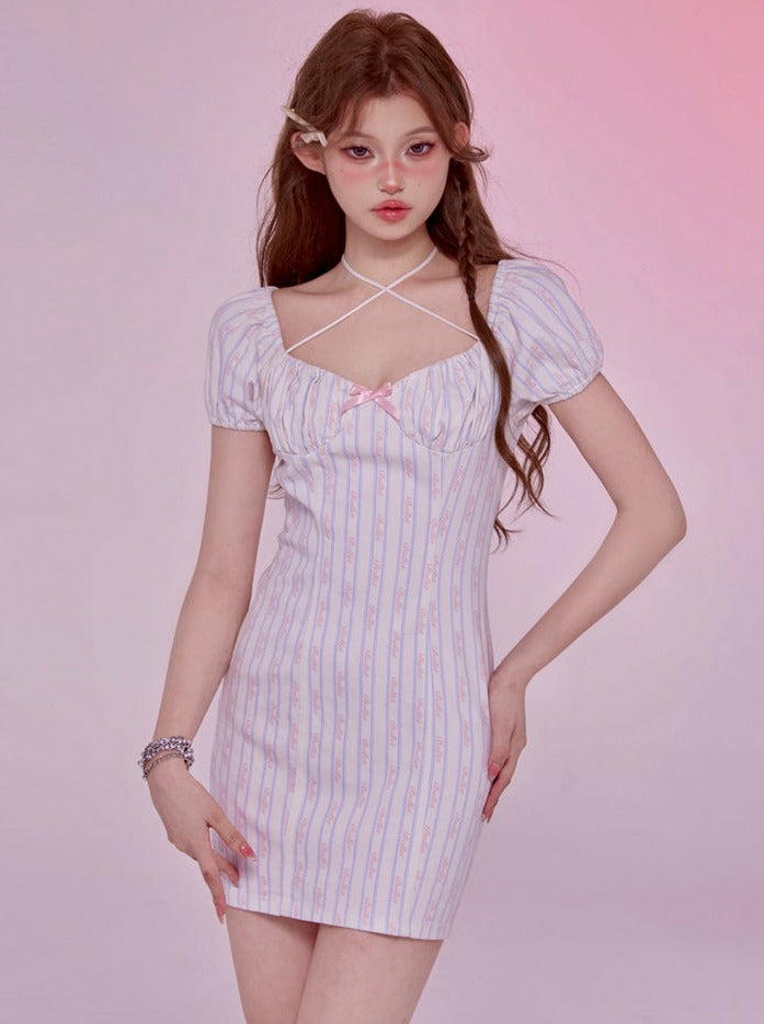 Relina Princess Puff Sleeve Flower Print Gather Thai Hol Te Neck One Piece