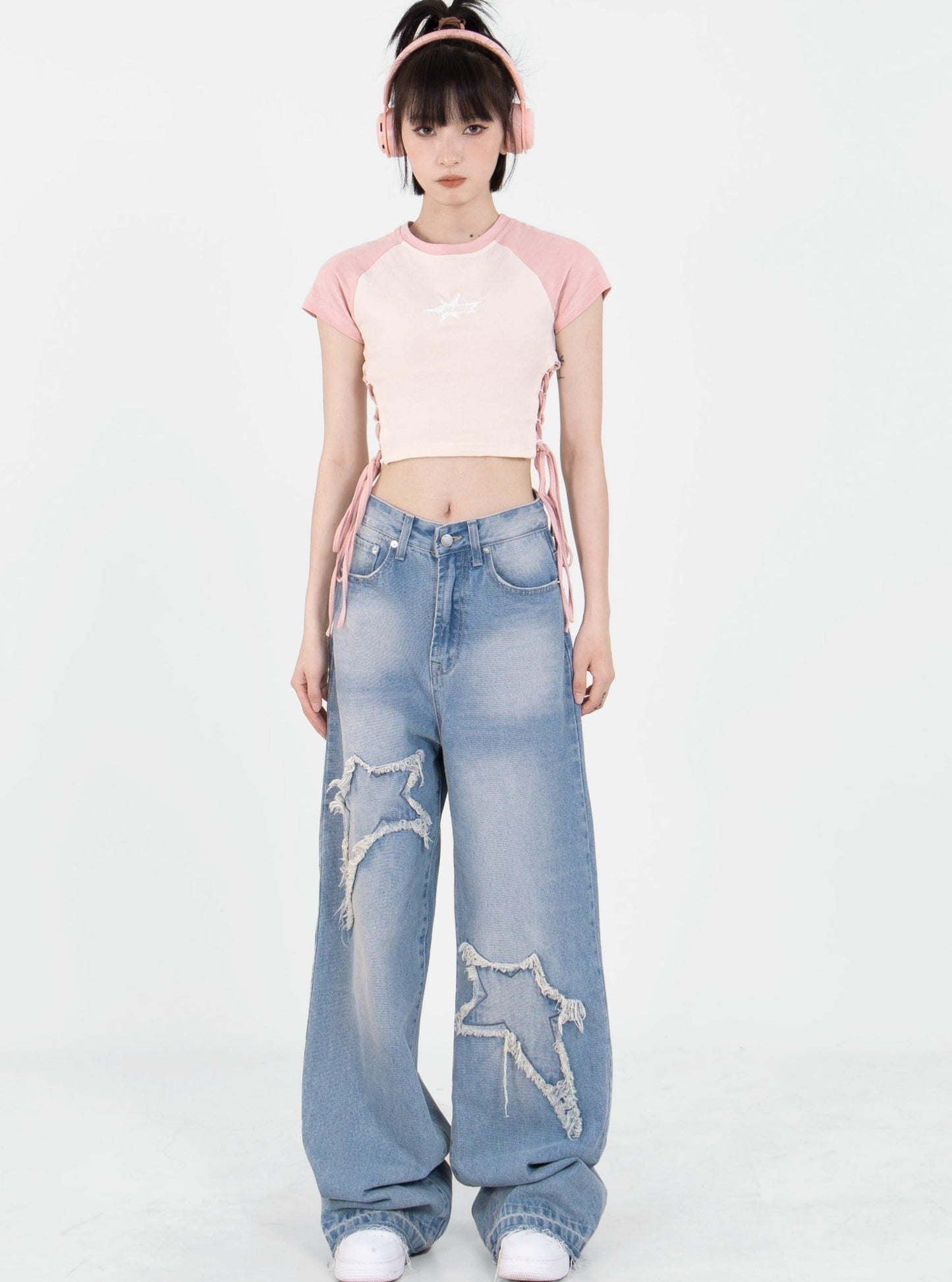 Side Lace Up Suite T -shirt + Street Star Wide Denim