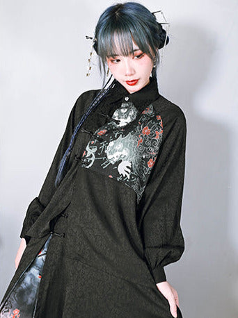 Retro Print Volume Sleeve Jacquard China Buckle Shirt