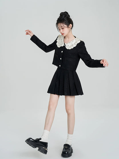 Diamond Fragrance Style Black Short Jacket + Pleated Skirt